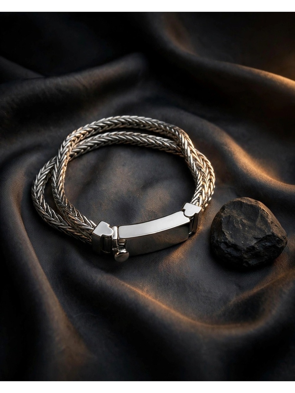 Men's Double Strand Braided Chain Bracelet – 7.5 Inch, Box Clasp, Stamped S925